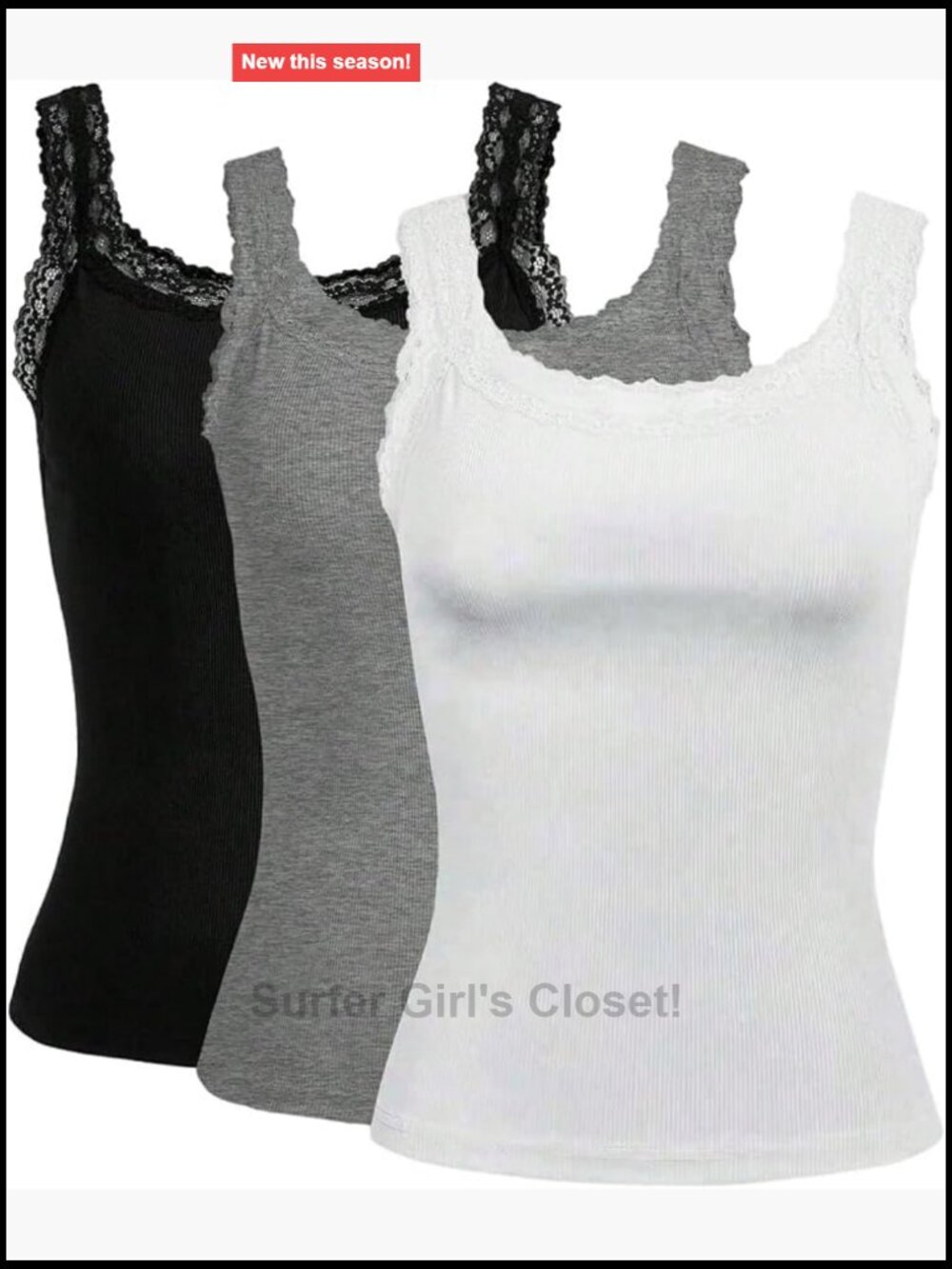 Plus Size 3 Pack Lace Trim Ribbed Tank Tops Scoop Neck Sleeveless